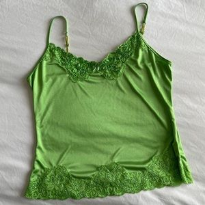 y2k green lingerie cami with lace trim and beaded details